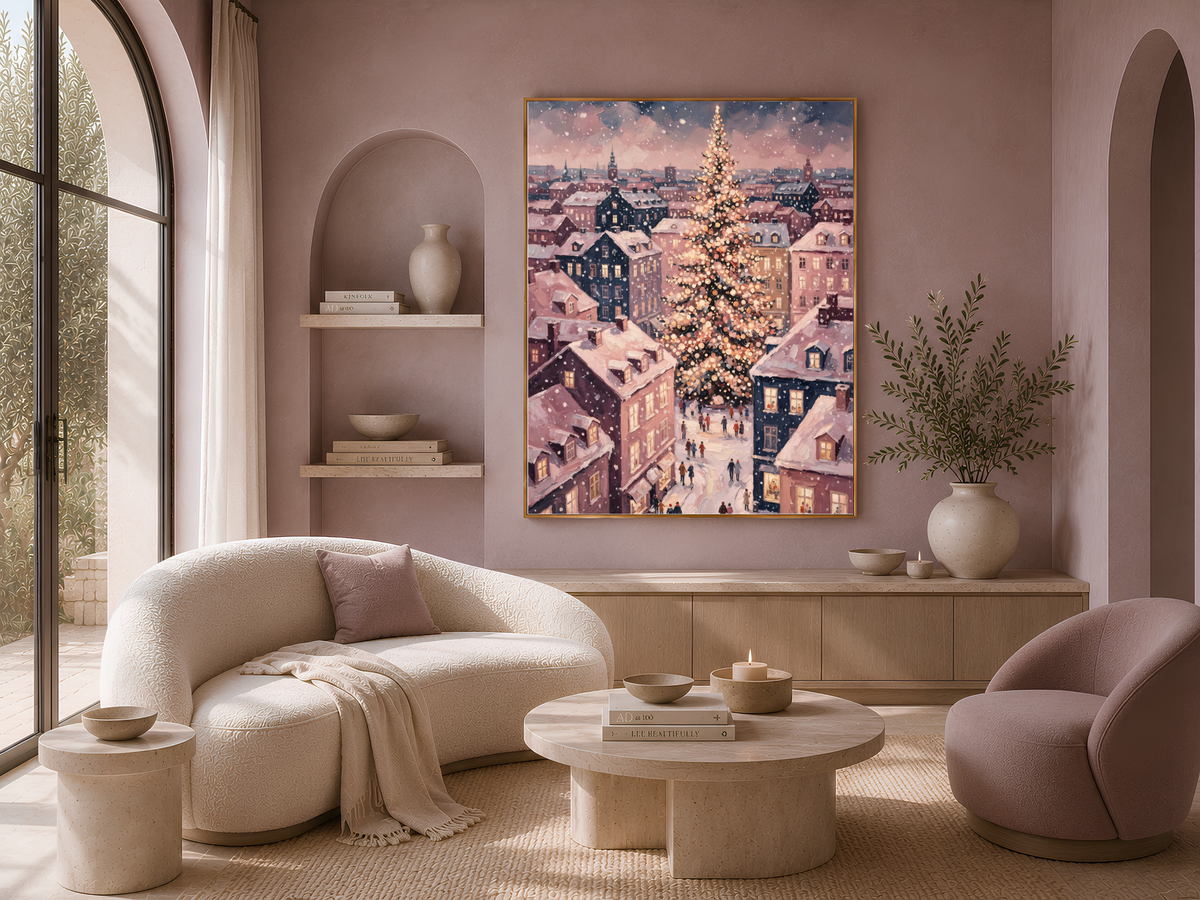European Christmas Village Wall Art, Snowy Town Square Print - Digital Download