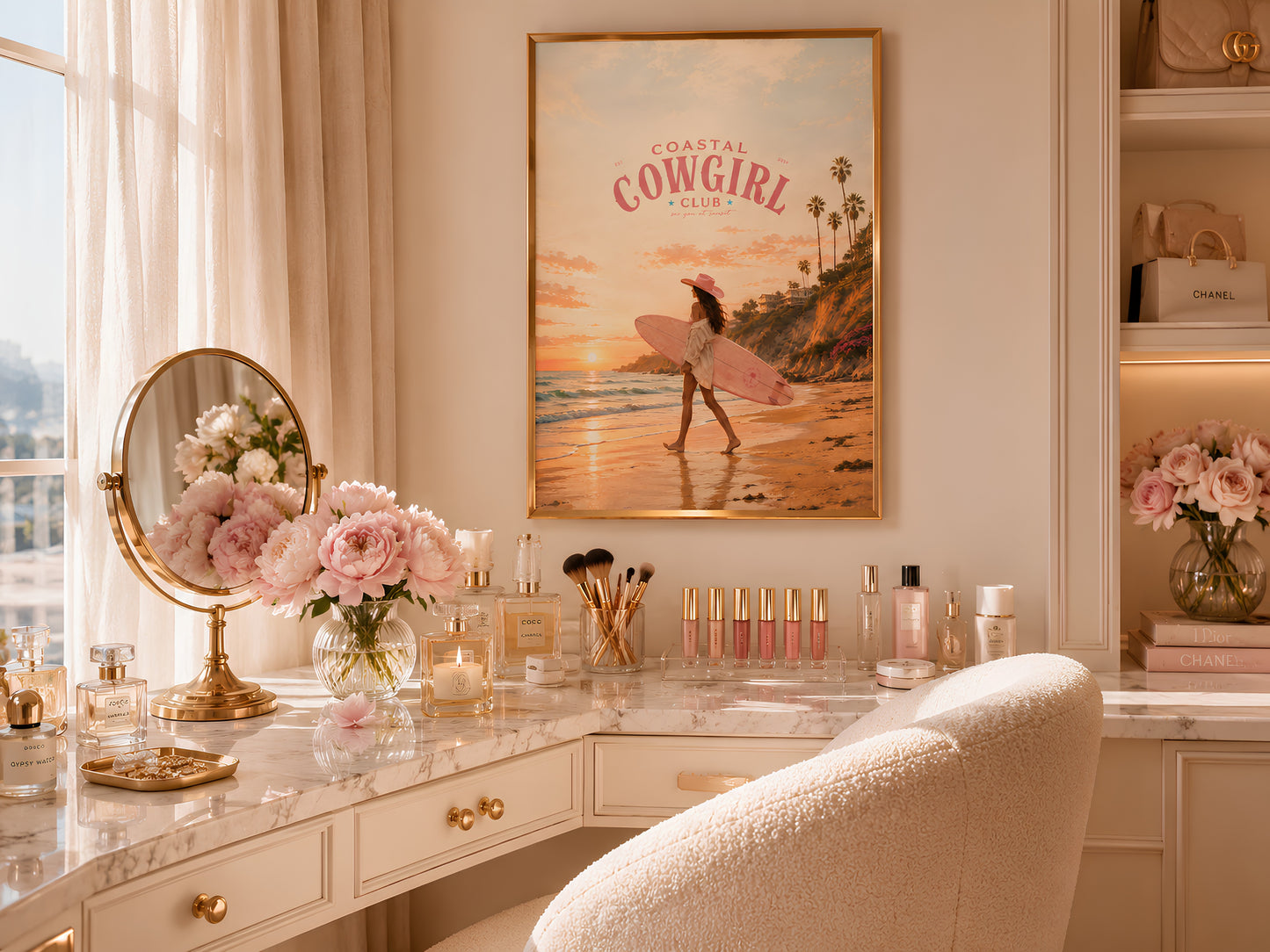 Coastal Cowgirl framed print by a sunlit window with sheer curtains, pink roses in a vase, and soft coastal bedroom styling
