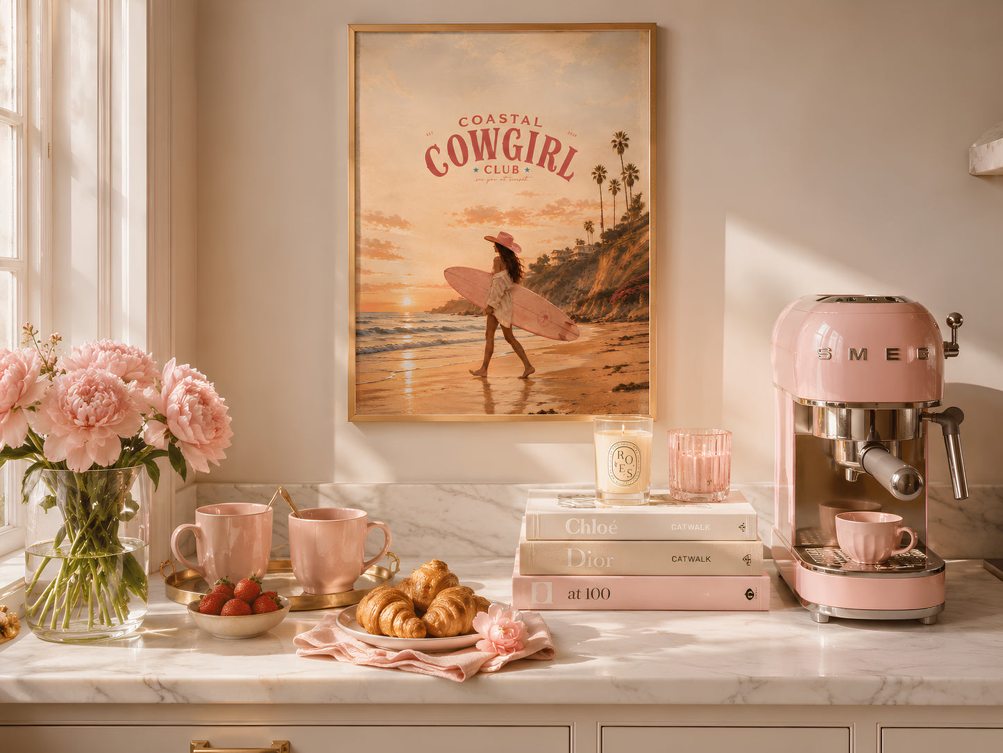 Coastal Cowgirl print styled on a shelf with pink flowers, a pink espresso machine, pastries, and coquette aesthetic decor
