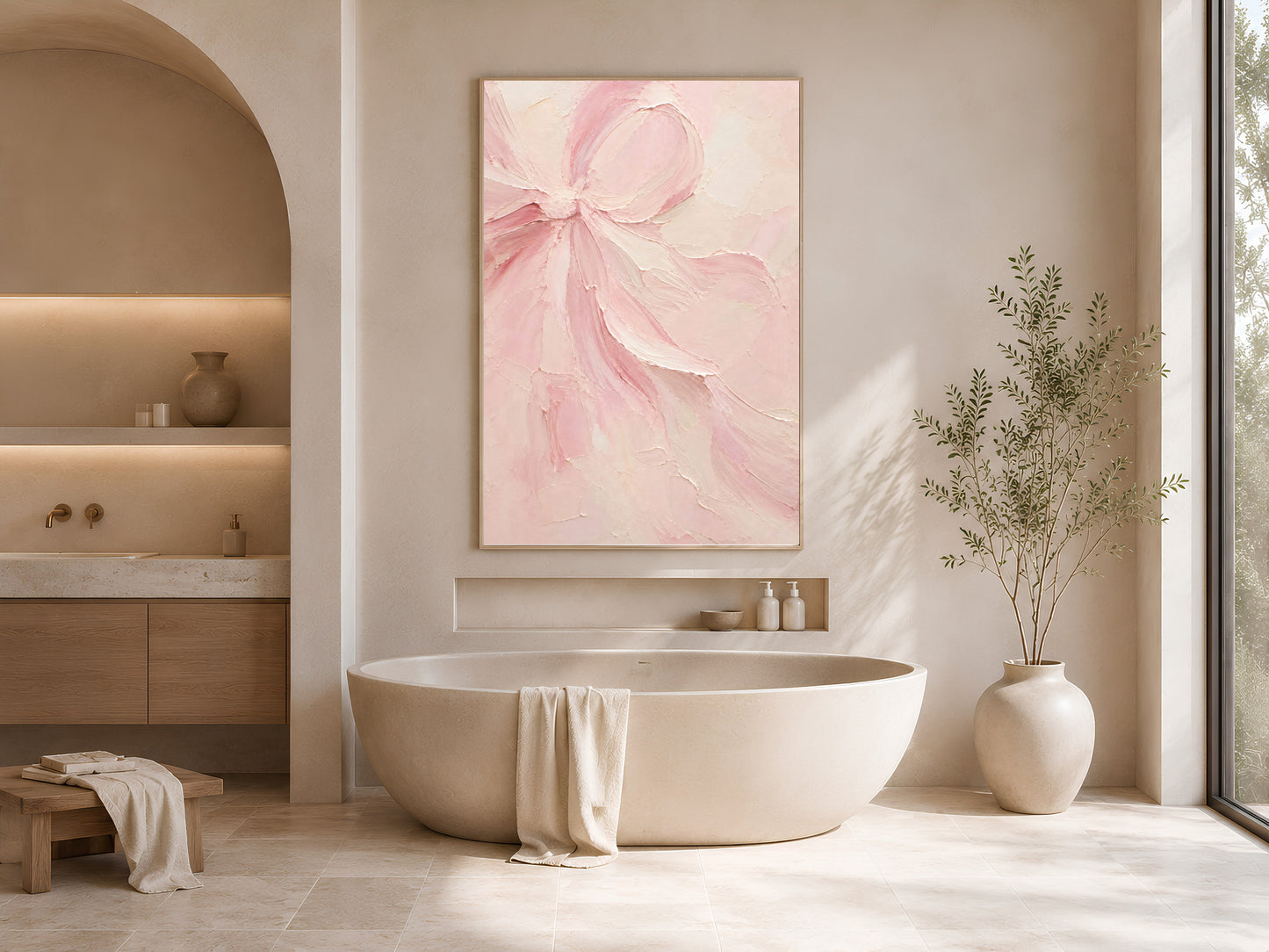 Blush pink impasto bow art print framed above a freestanding tub in a neutral bathroom