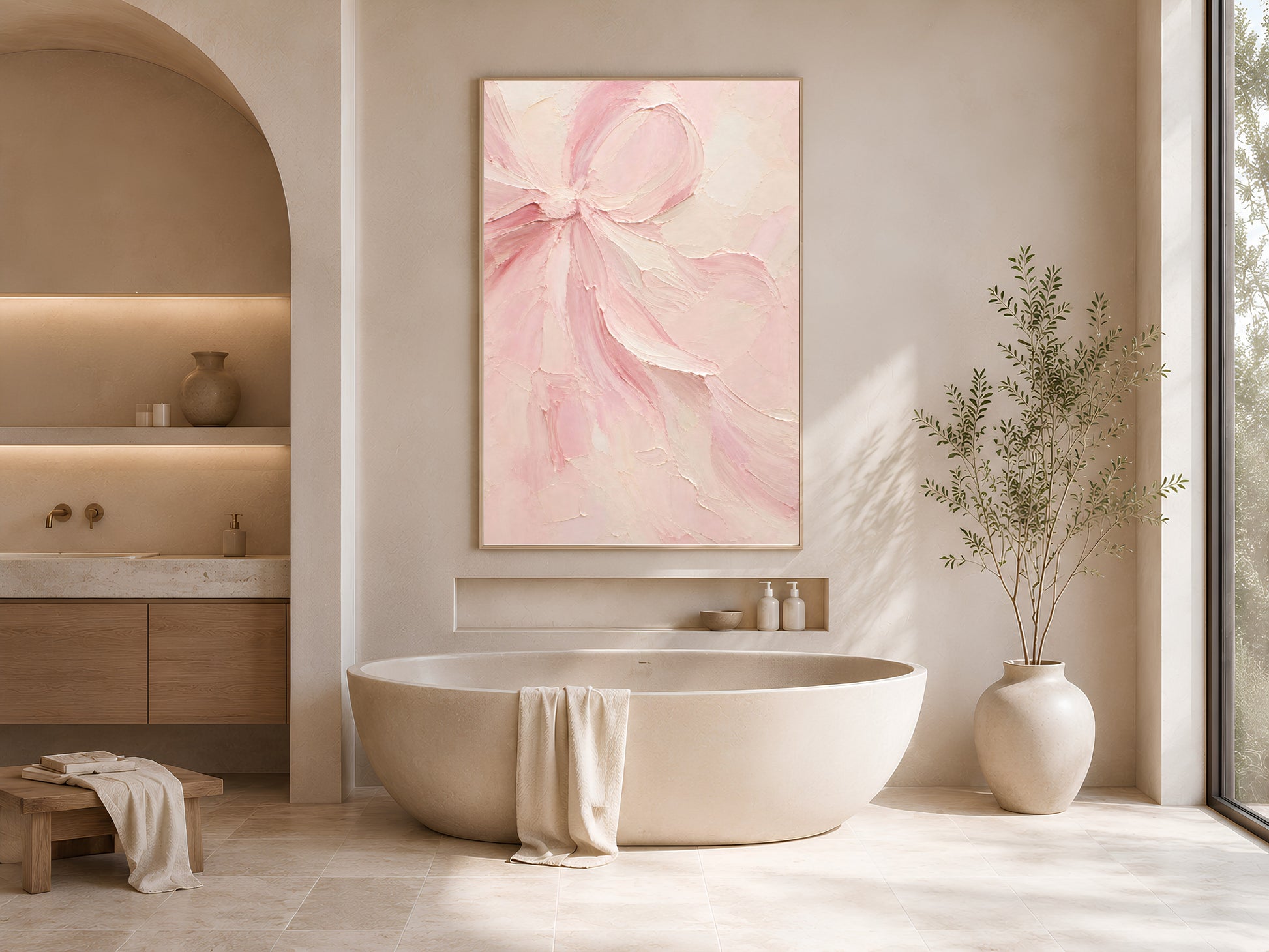 Blush pink impasto bow art print framed above a freestanding tub in a neutral bathroom