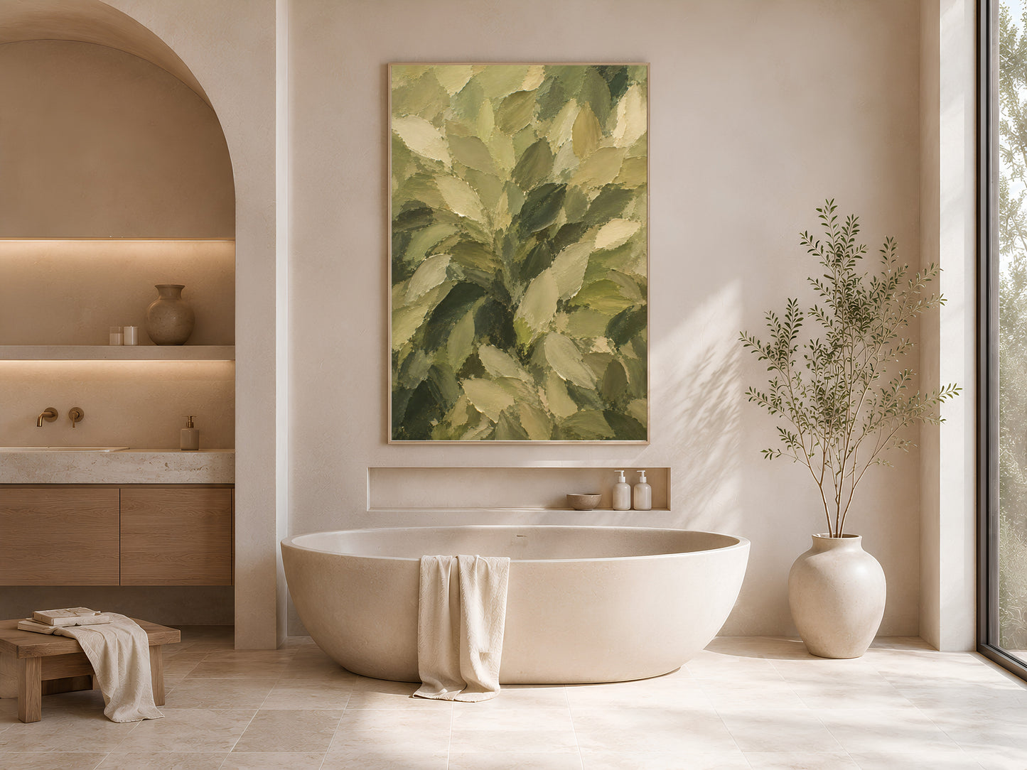 Olive green leaf wall art print framed above a freestanding tub in a warm neutral bathroom