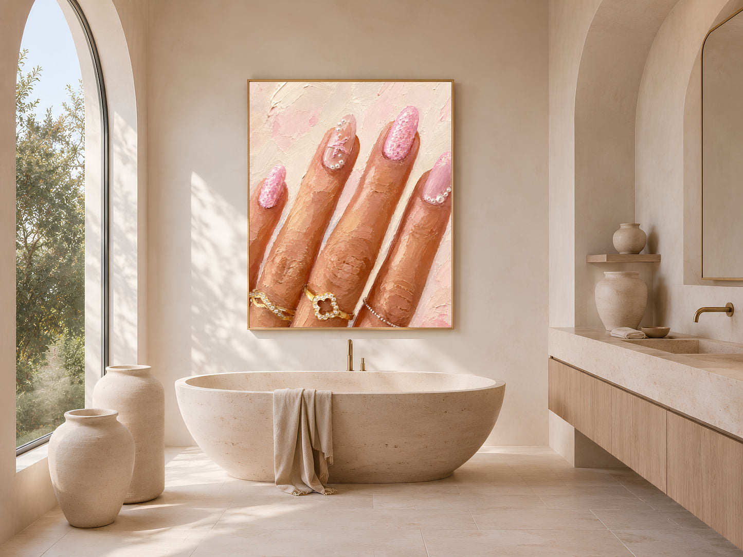 Framed nail art painting above a bathroom vanity with a freestanding tub