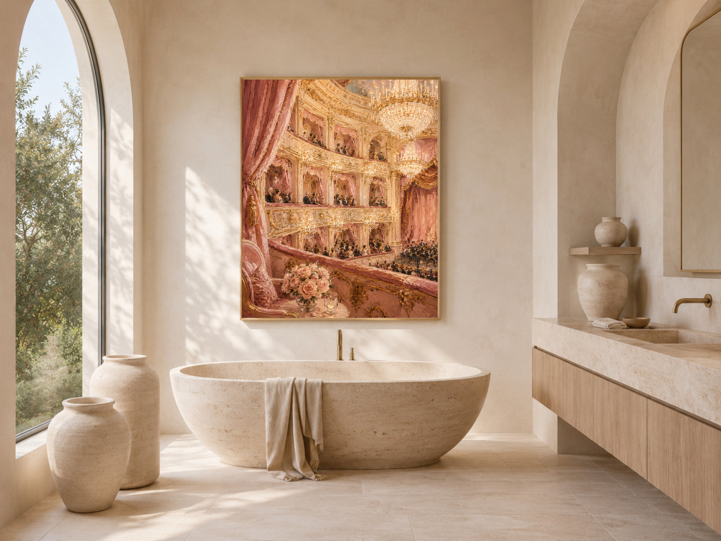 Opera house painting print above bathroom vanity, romantic bathroom decor mockup