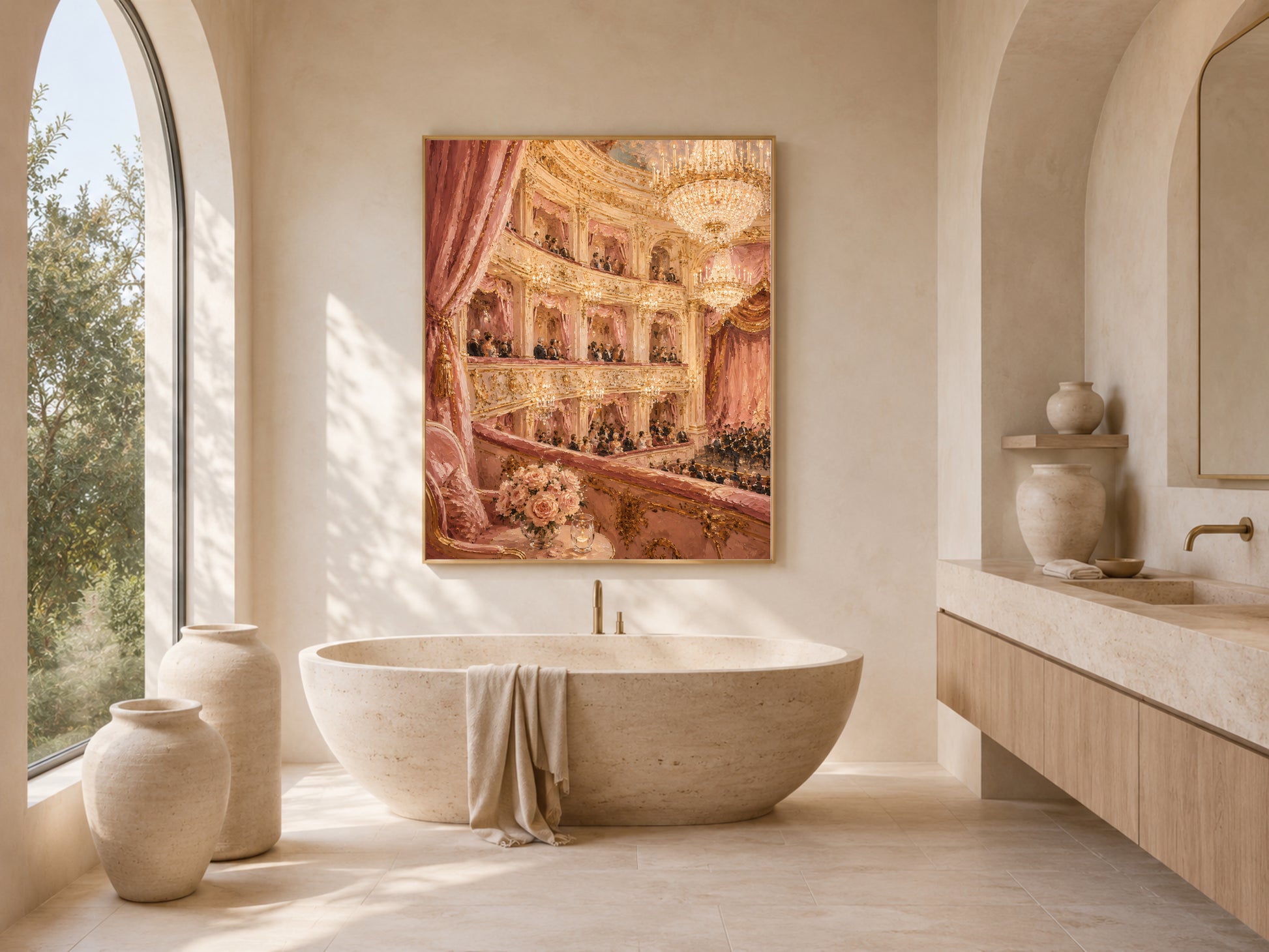Opera house painting print above bathroom vanity, romantic bathroom decor mockup