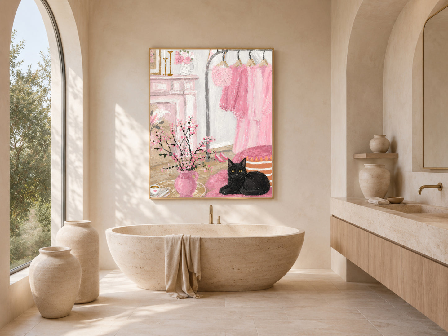 Pink boudoir wall art framed print displayed in a neutral bathroom, black cat painting decor
