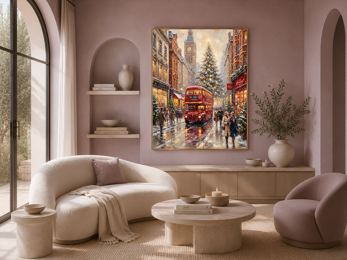 London Christmas Wall Art, Vintage Oil Painting Print - Digital Download