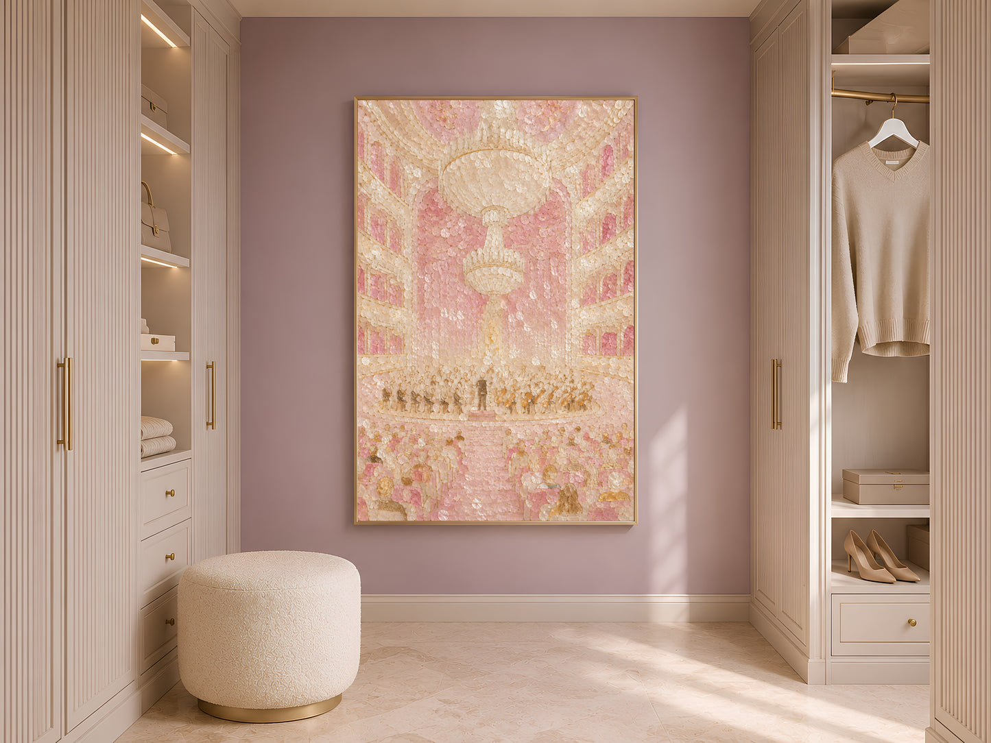 Opera house print framed in gold displayed in neutral closet with open shelving
