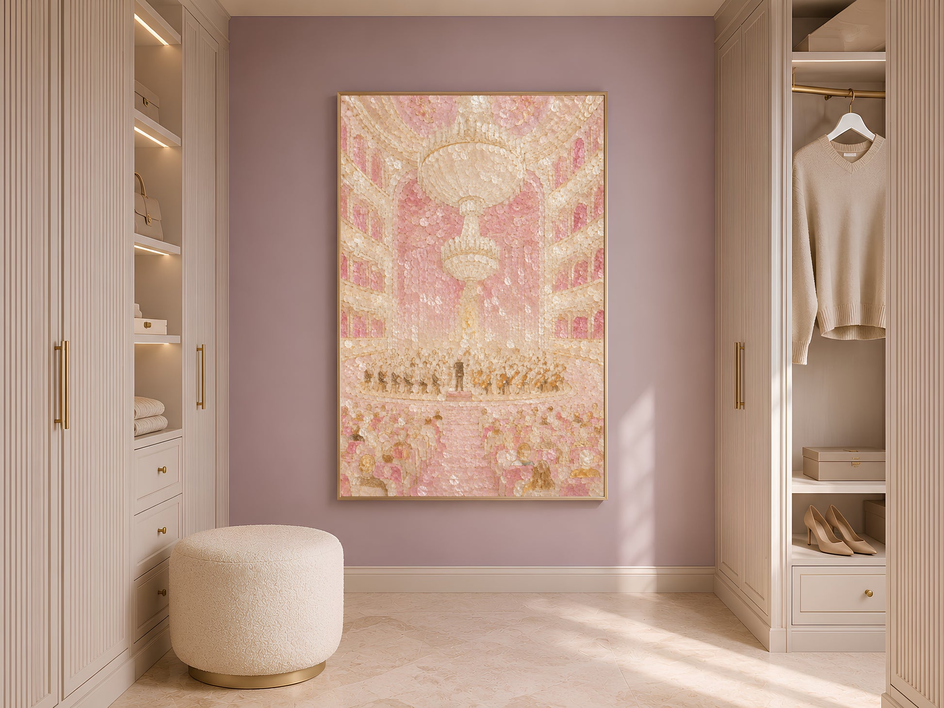 Opera house print framed in gold displayed in neutral closet with open shelving
