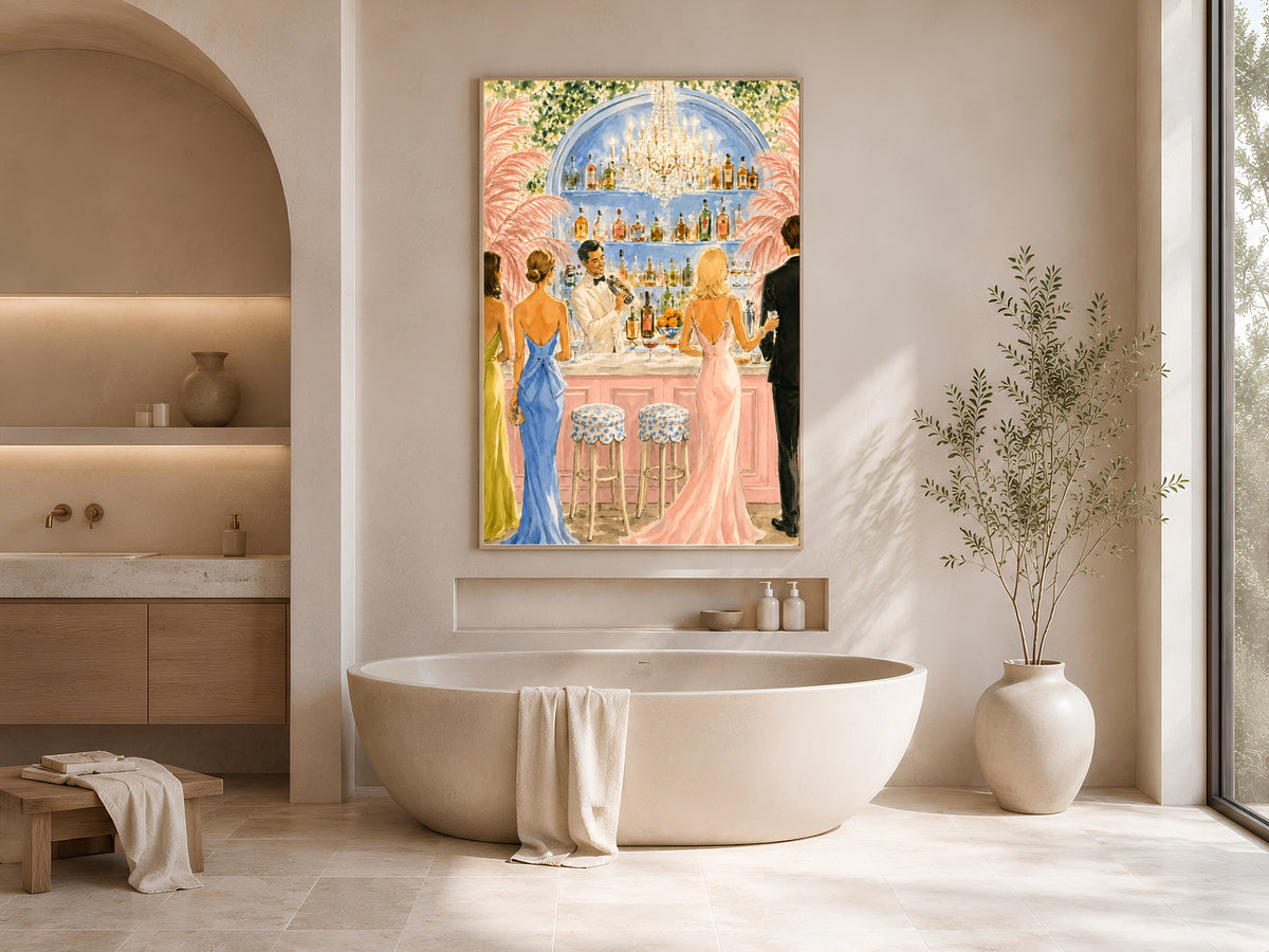 Riviera Cocktail Bar Wall Art, Preppy Pink Watercolor Print - Digital Download