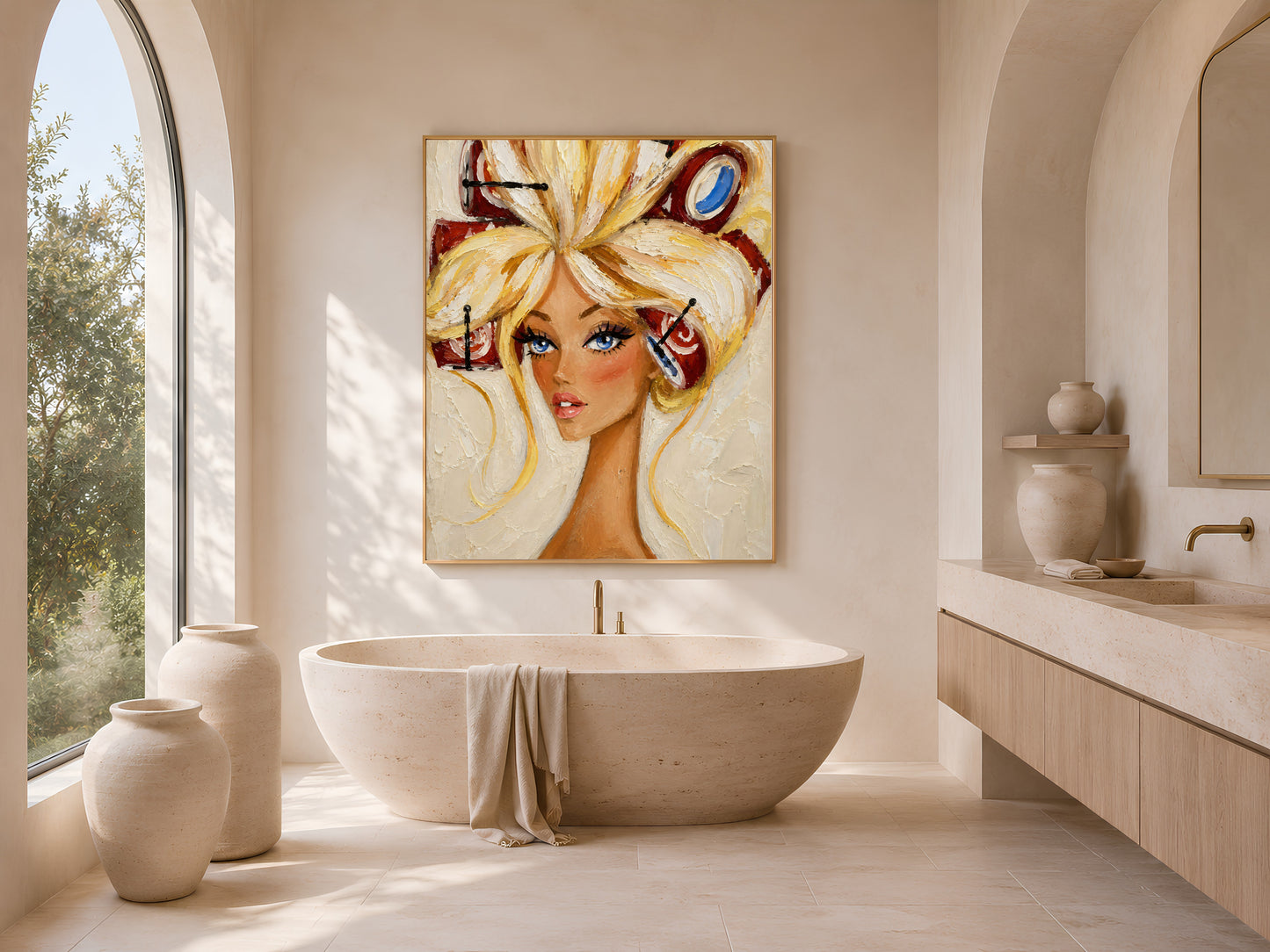 Vintage hair rollers portrait wall art print above a freestanding tub in an arched, sunlit bathroom.
