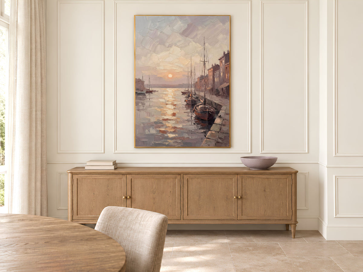 Harbor Sunset Wall Art, Impasto Oil Painting Print - Digital Download