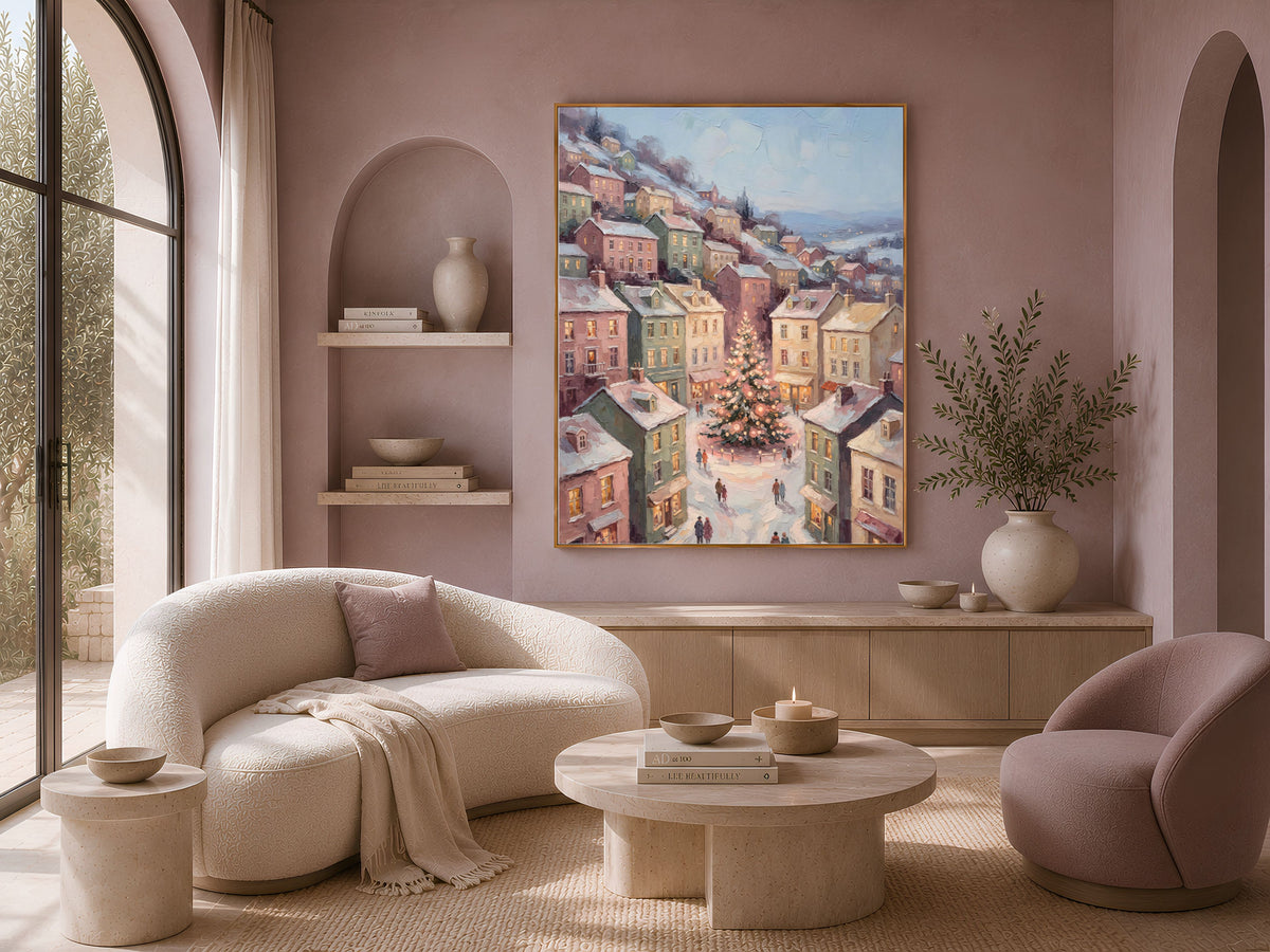Scandinavian Christmas Wall Art, Pastel Town Square Print - Digital Download