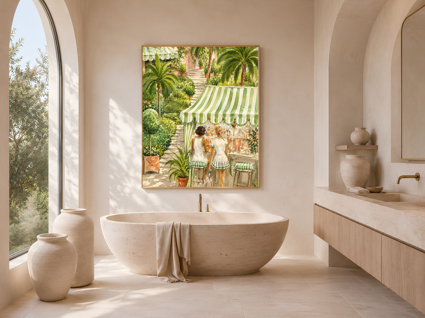 Framed tennis club watercolor print above a freestanding tub in an arched, sunlit bathroom.
