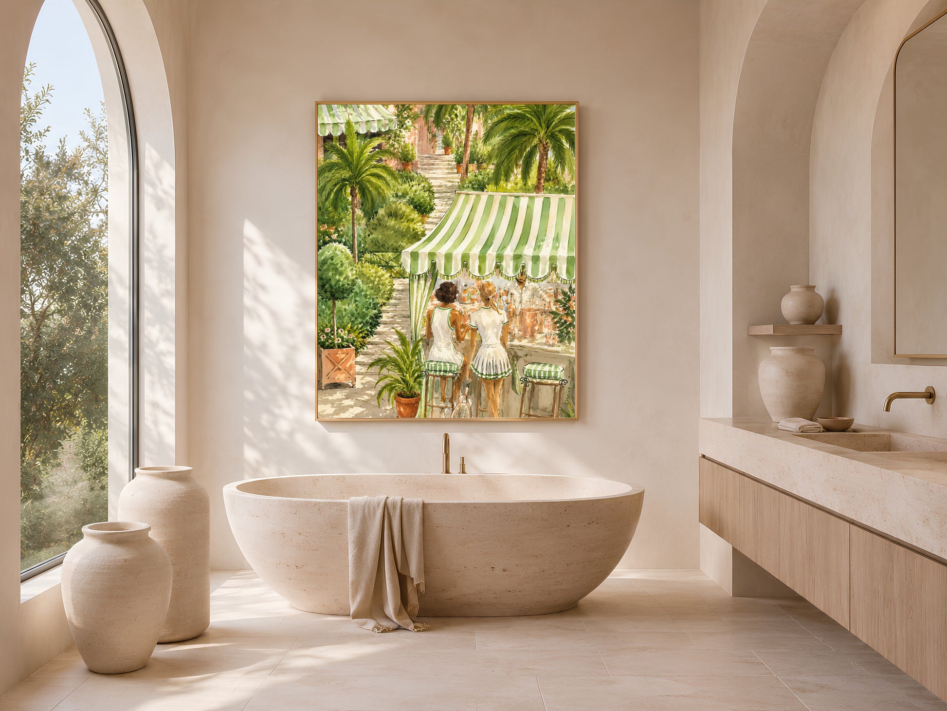 Framed tennis club watercolor print above a freestanding tub in an arched, sunlit bathroom.
