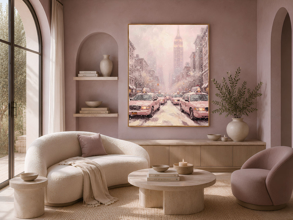 Pink Empire State Building Print, Monochrome NYC Taxi Wall Art - Digital Download
