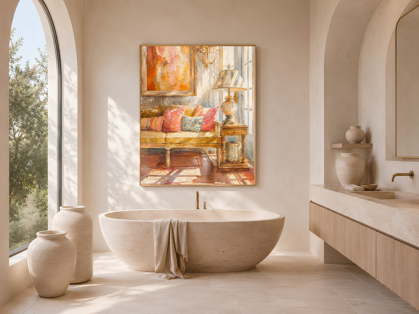Burnt orange and coral abstract wall art in a gold frame above a freestanding tub, warm impasto print in a sunlit arched-window bathroom
