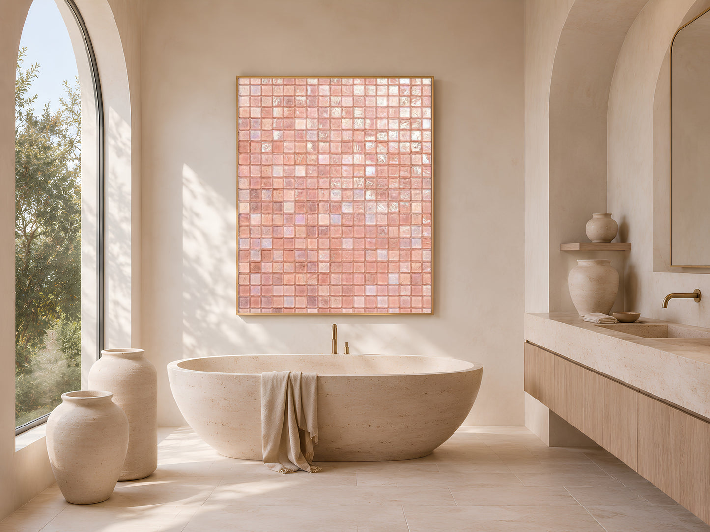 Pink glam wall art in a gold frame above a bathroom vanity with a freestanding tub and arched window light
