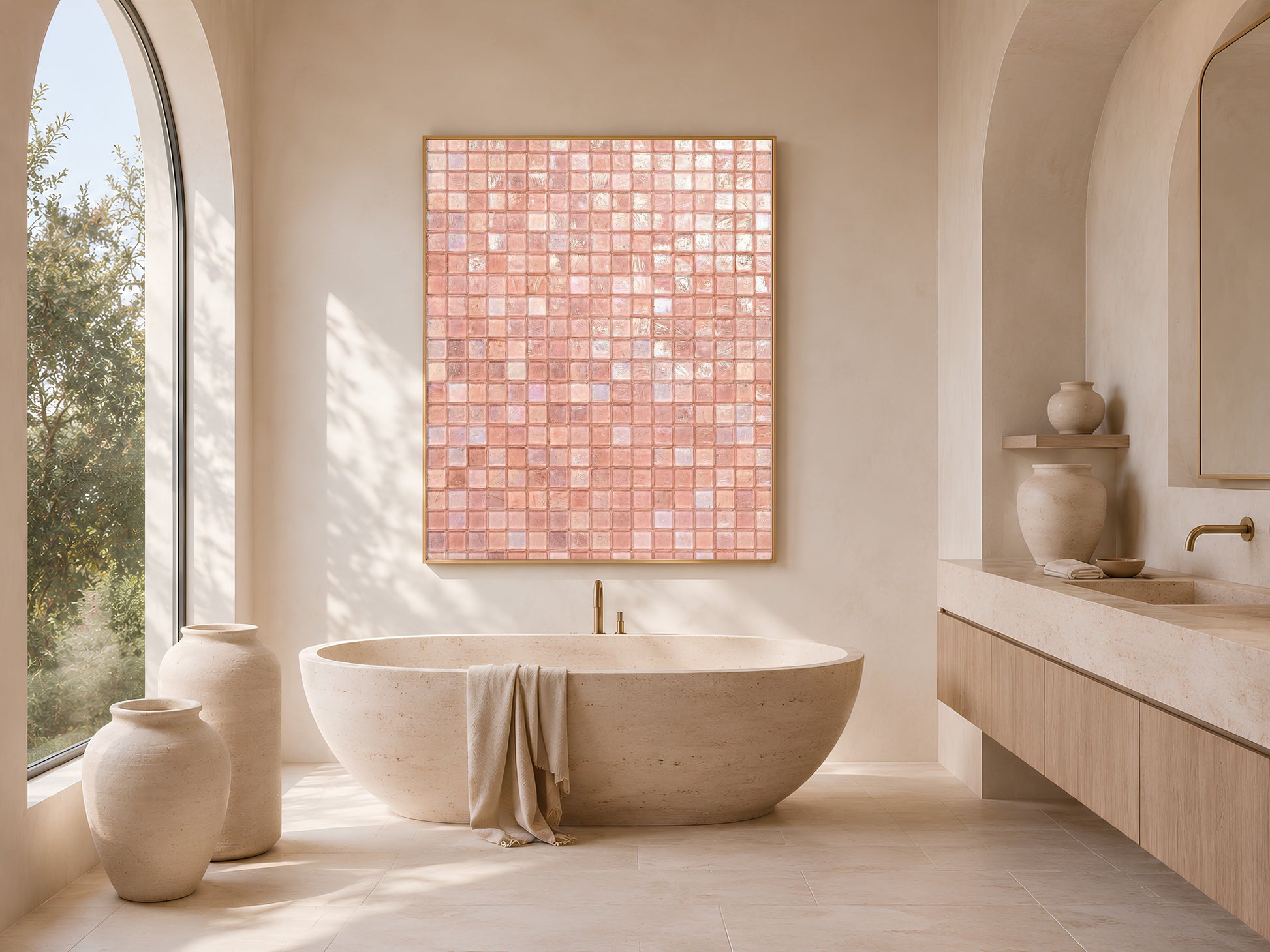 Pink glam wall art in a gold frame above a bathroom vanity with a freestanding tub and arched window light
