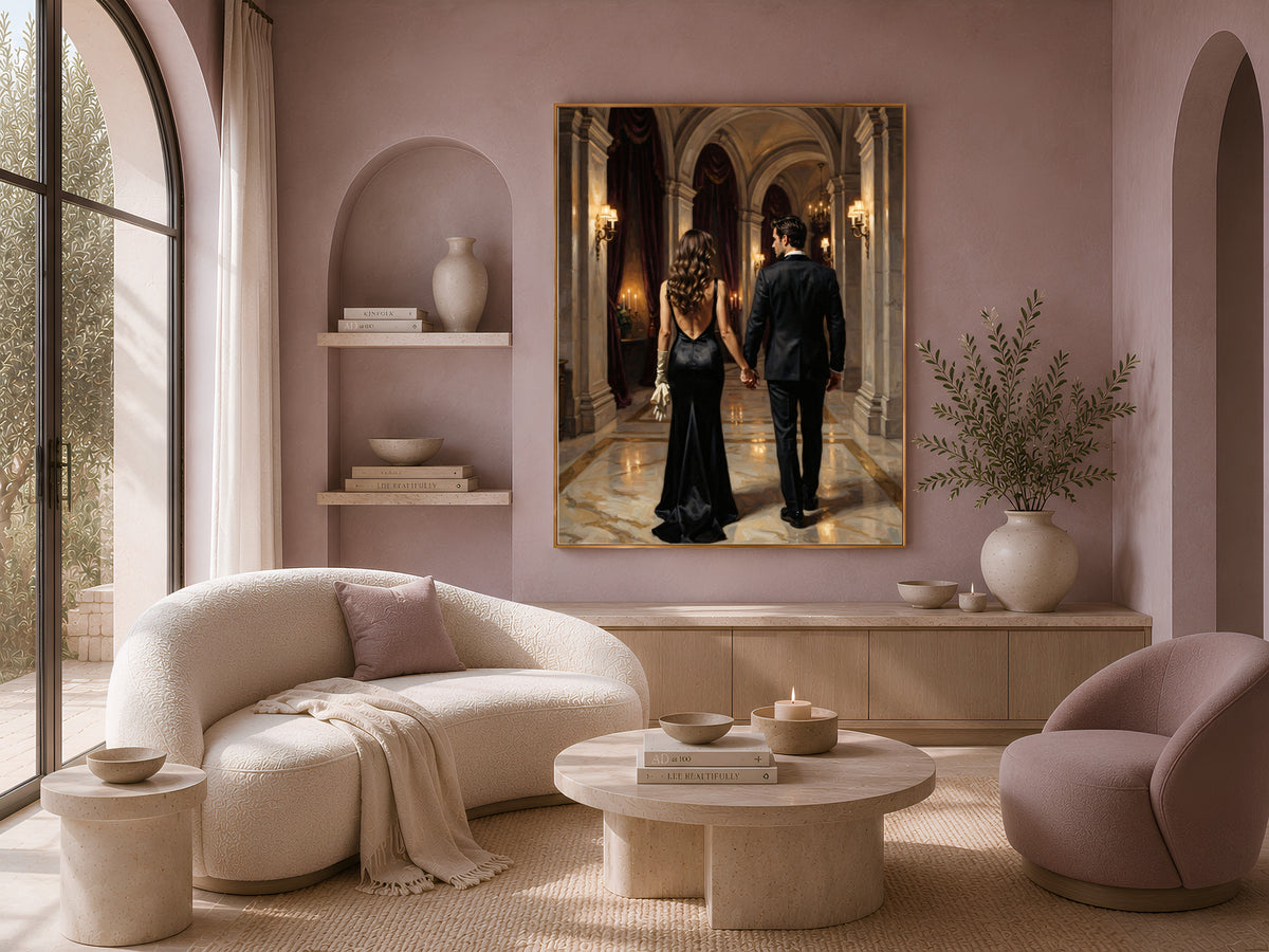 Dark Academia Couple Wall Art, Elegant Gala Hallway Oil Painting Print - Digital Download