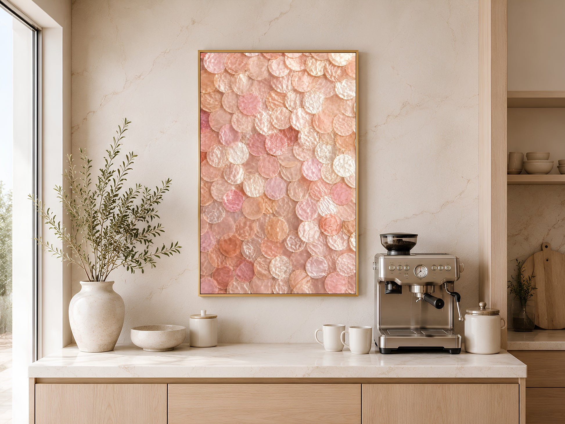 Pink pearl shell wall art printable displayed above a coffee station in a warm minimalist kitchen with organic modern decor.