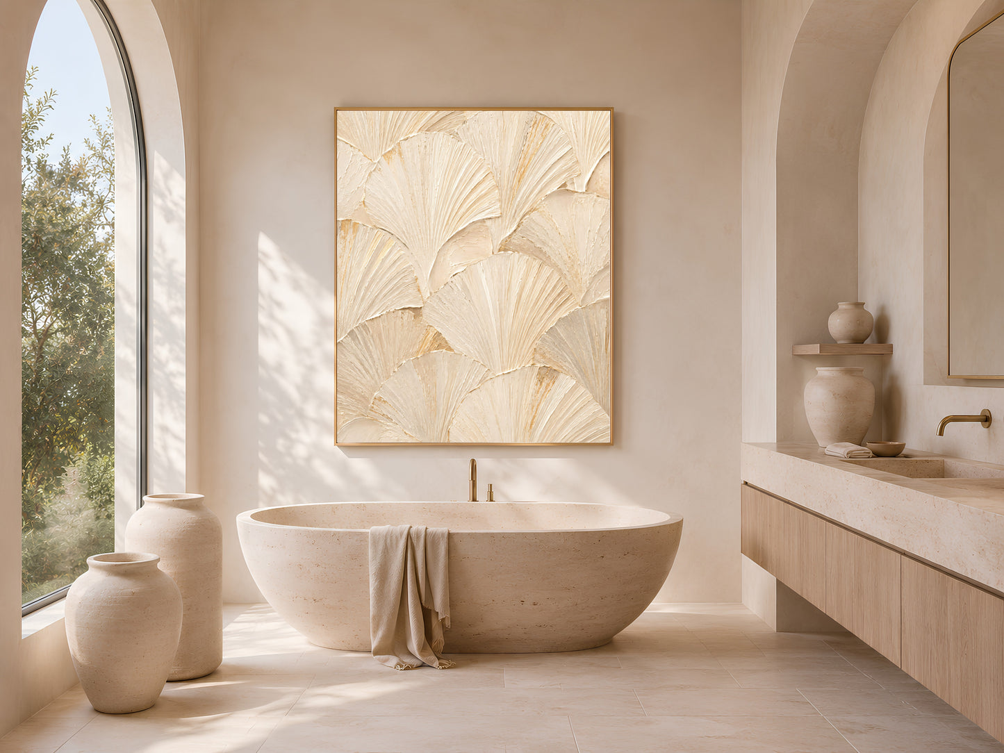 Ginkgo leaf print framed in gold above a freestanding tub beside a sunlit arched window.
