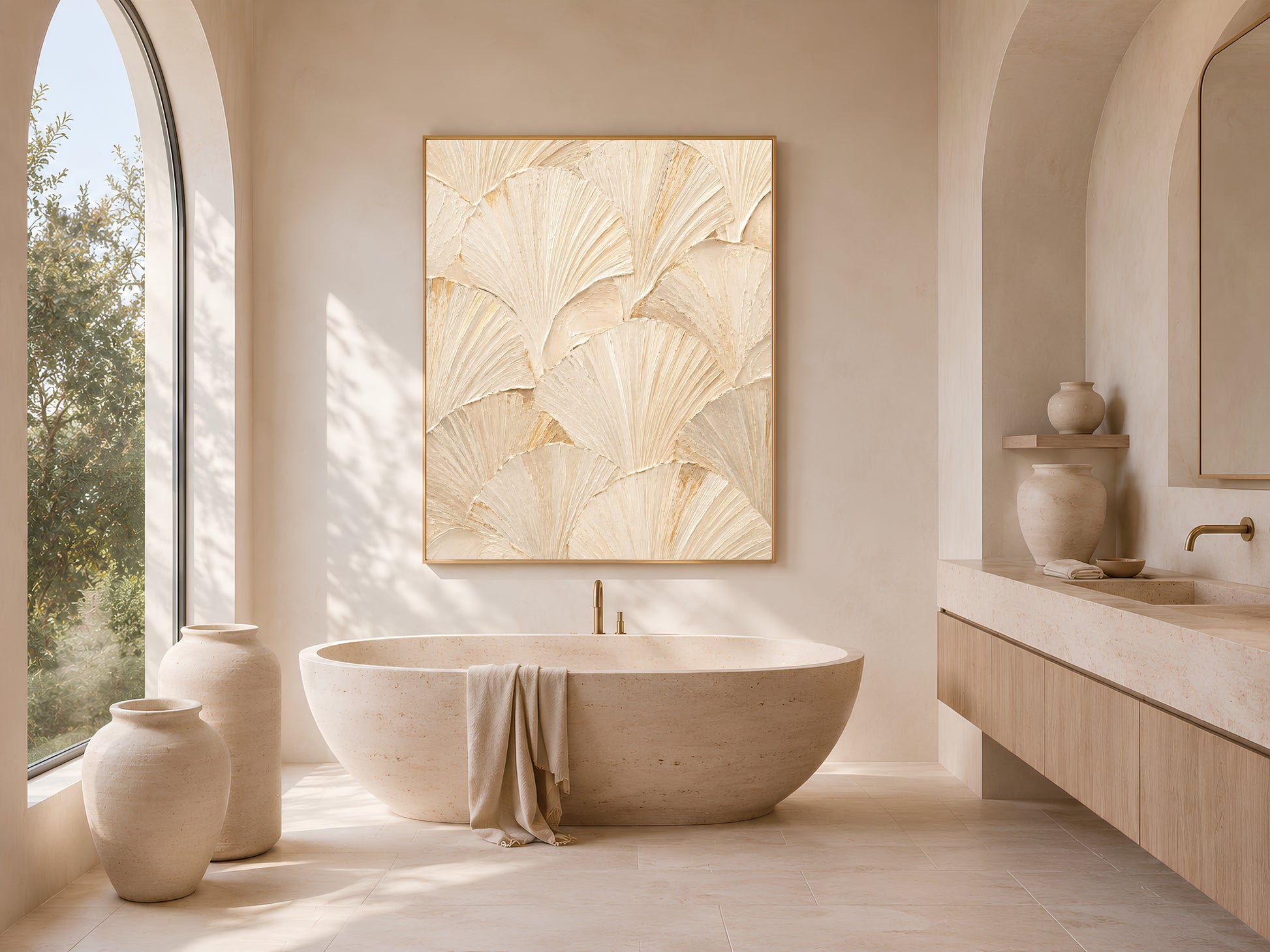 Ginkgo leaf print framed in gold above a freestanding tub beside a sunlit arched window.
