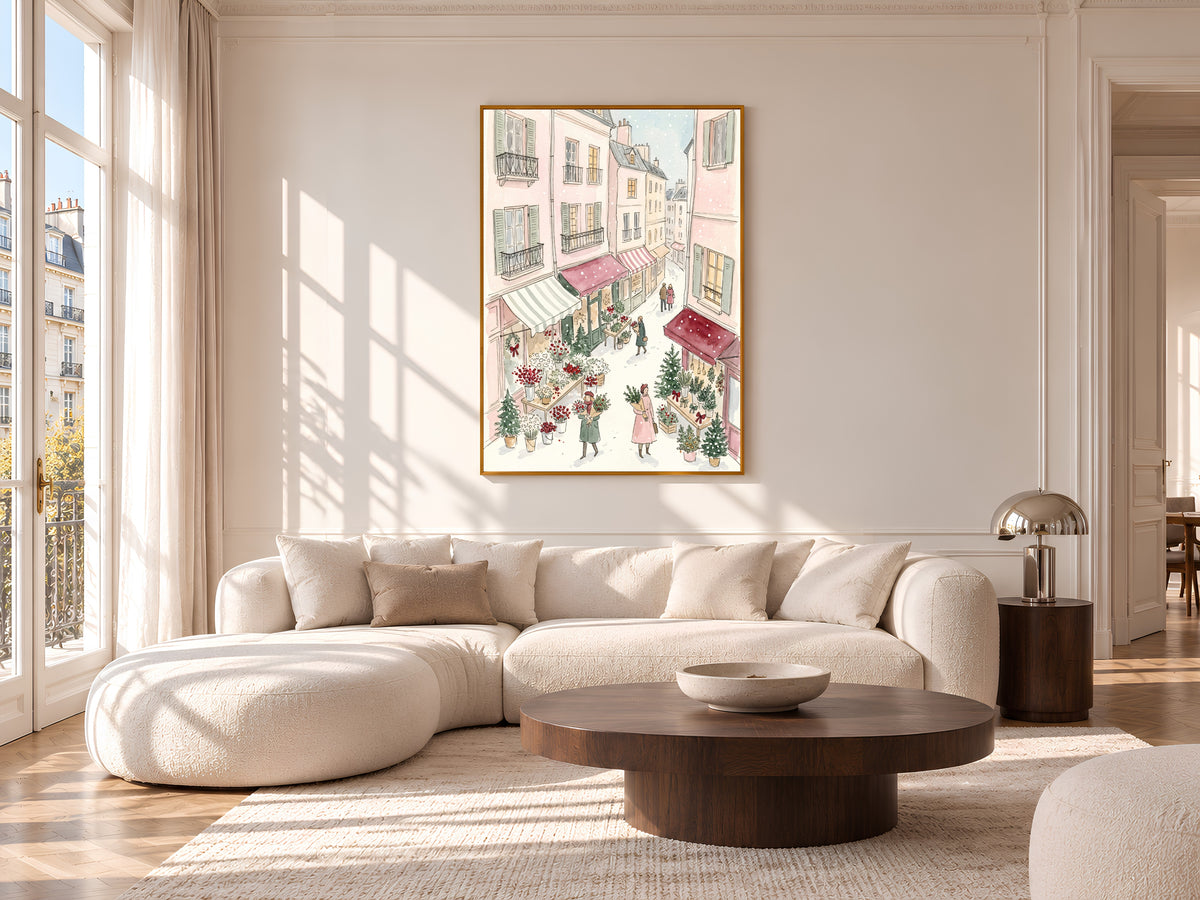 Christmas Flower Market Print, Snowy Paris Street Watercolor, Pastel Pink Holiday Art, Digital Download