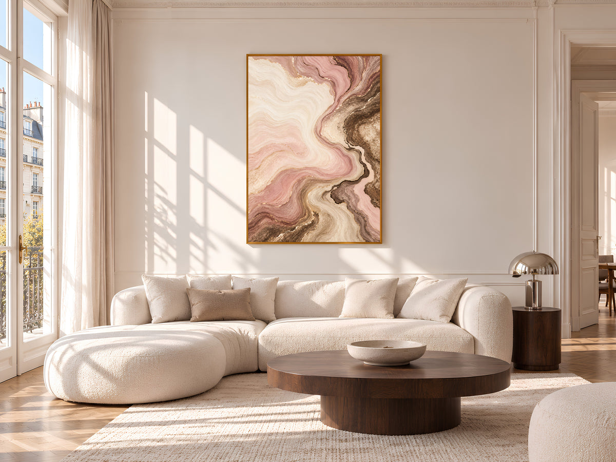 Blush Pink and Brown Abstract Wall Art, Dusty Rose Marble Swirl Print with Gold Veins, Printable Neutral Mocha Decor, Digital Download