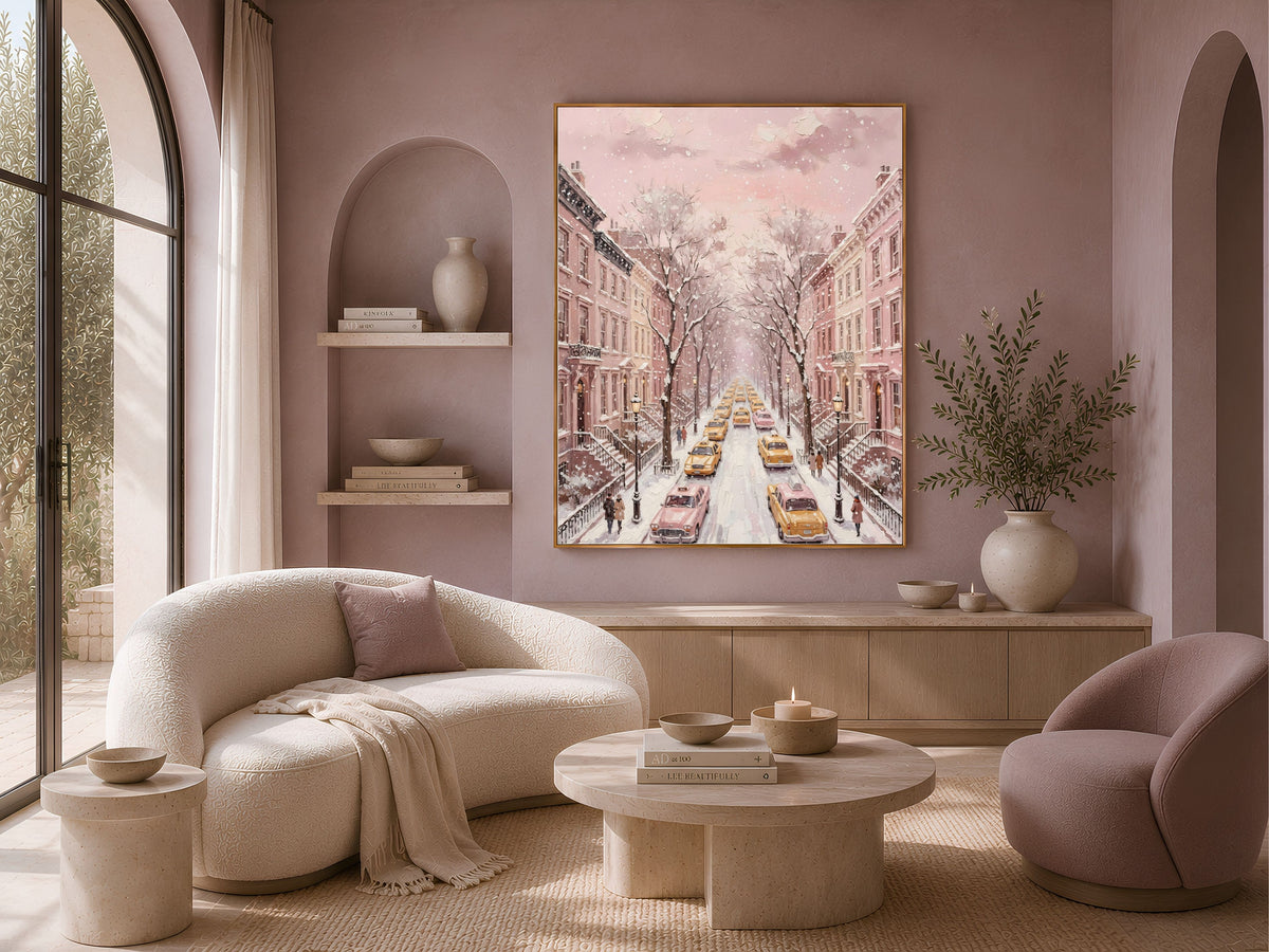 Pink NYC Taxi Wall Art, Snowy New York Street Print - Digital Download