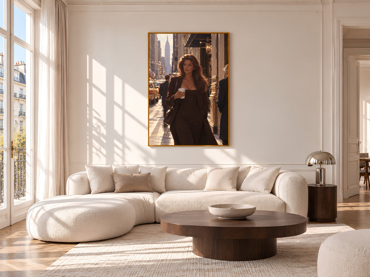 New York City Girl Wall Art, Woman with Coffee Painting, Warm Brown Fashion Print, Digital Download
