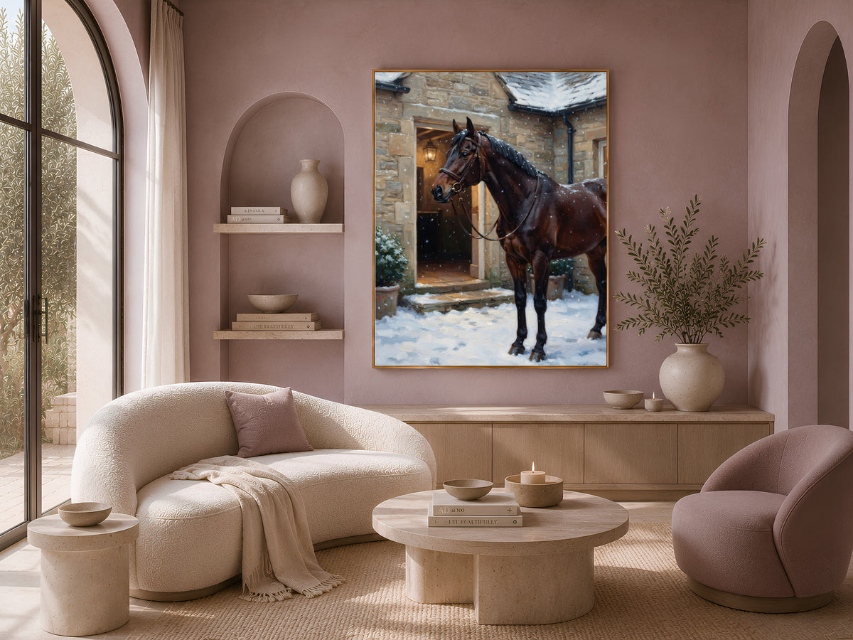 Equestrian Wall Art, Horse in Snow Oil Painting Print - Digital Download