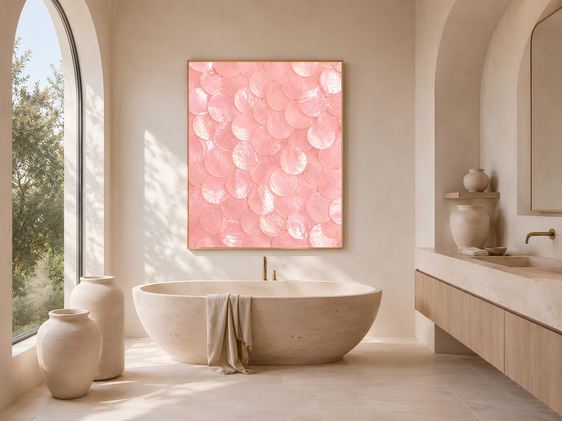 Pink capiz shell dot print in a gold frame hung above a freestanding tub in a bright bathroom.
