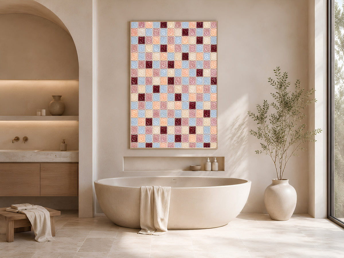 Peach blue mosaic wall art framed above a freestanding bathtub in a neutral spa-style bathroom