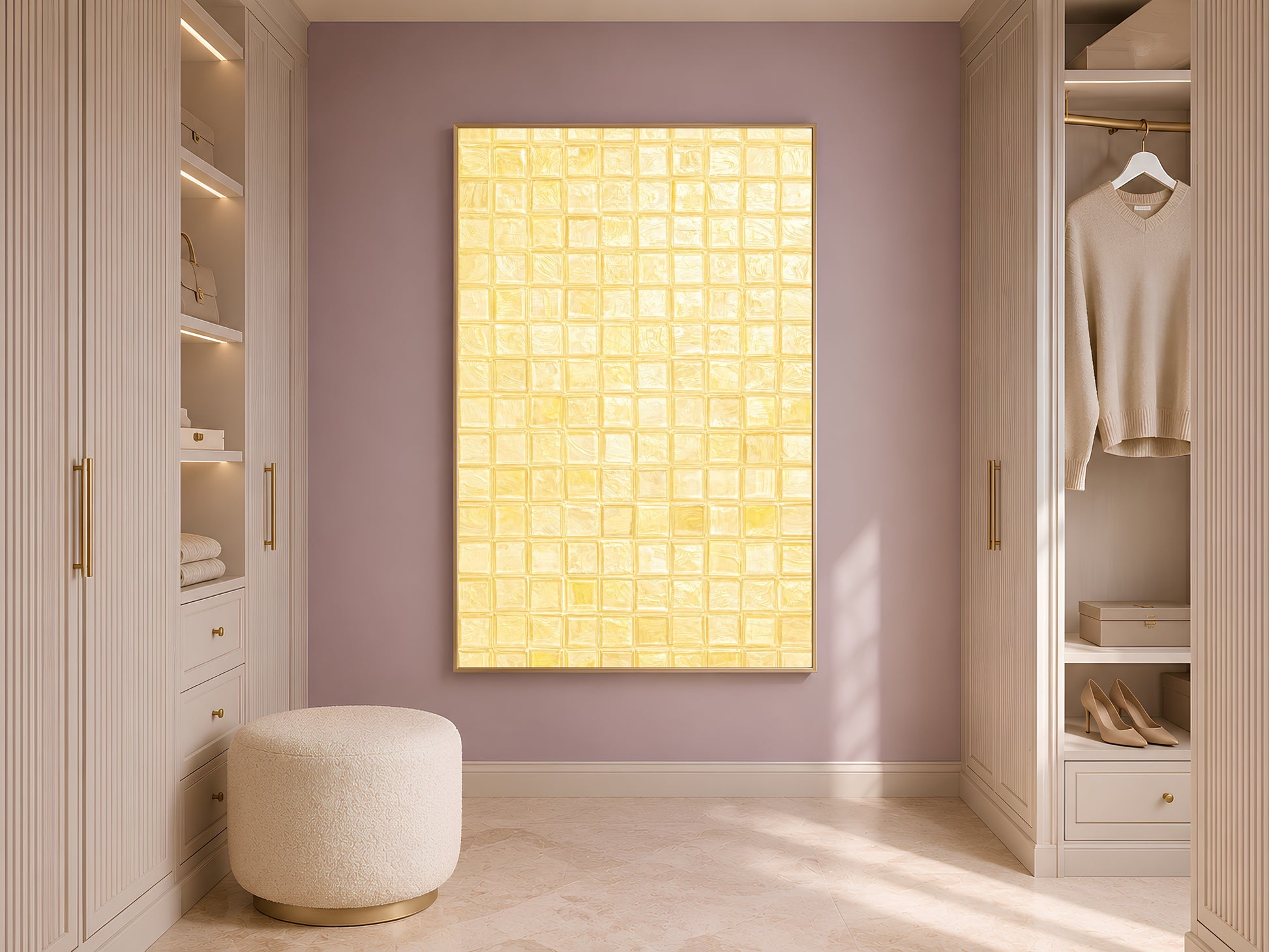 Butter yellow mosaic tile wall art in a gold frame hanging in a bright walk-in closet with oak shelving and a cream boucle ottoman

