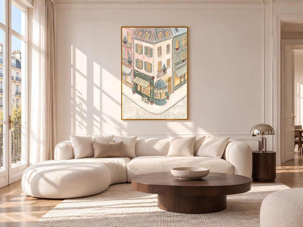 Sage Green Christmas Print, Pastel Patisserie Watercolor, Snowy Parisian Cafe Corner, Holiday Digital Download
