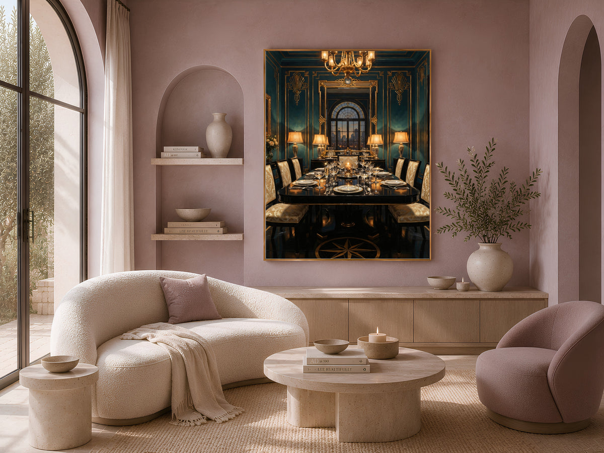 Art Deco Dining Room Wall Art, Teal Gold 1920s Interior Oil Painting - Digital Download