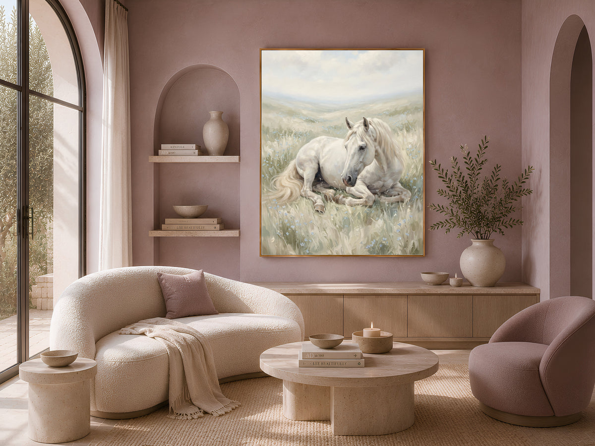 White Horse Wall Art, Wildflower Meadow Oil Painting Print - Digital Download