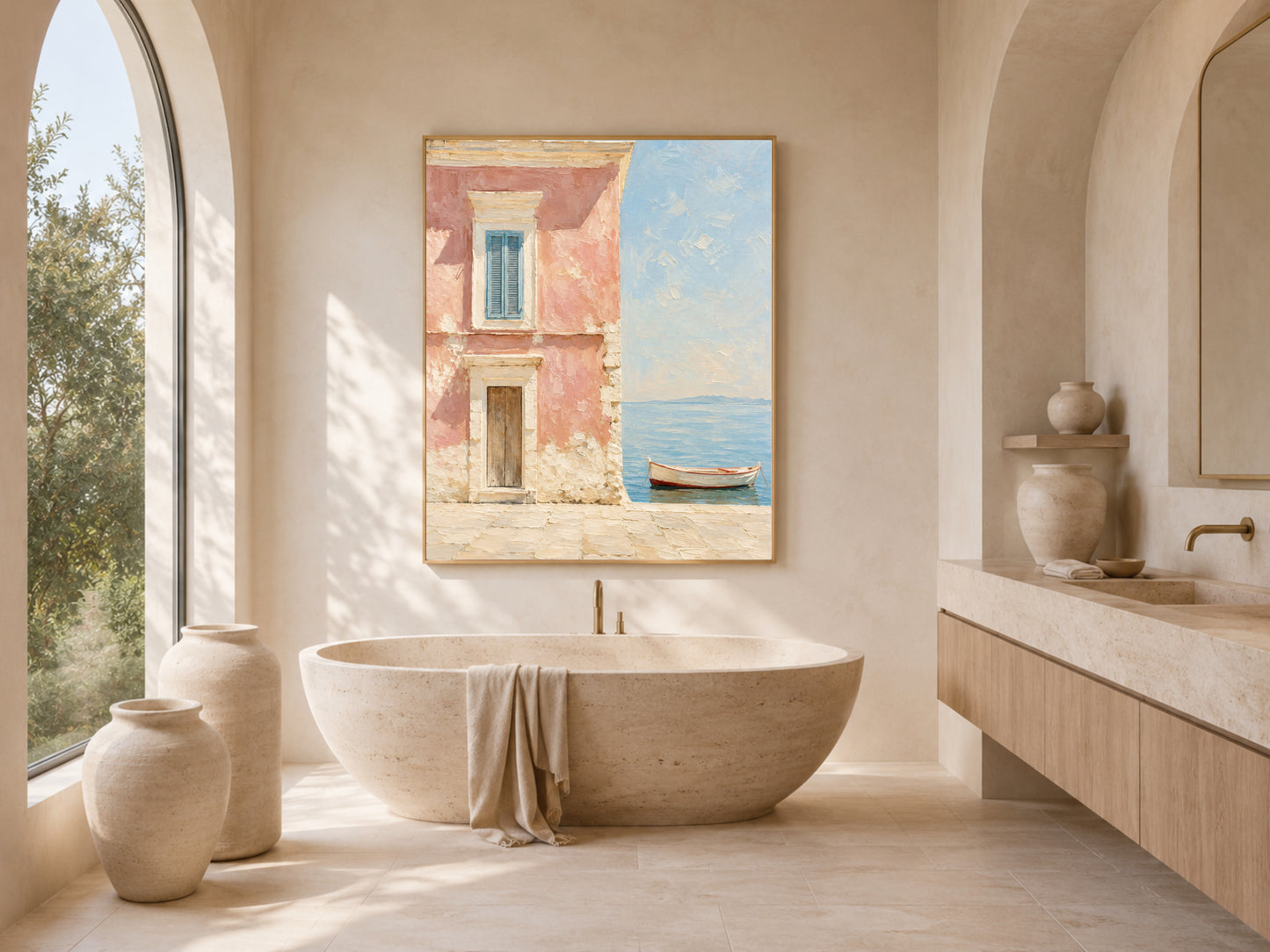 Pink Amalfi Coast art print in a bright bathroom with a freestanding oval soaking tub and arched window