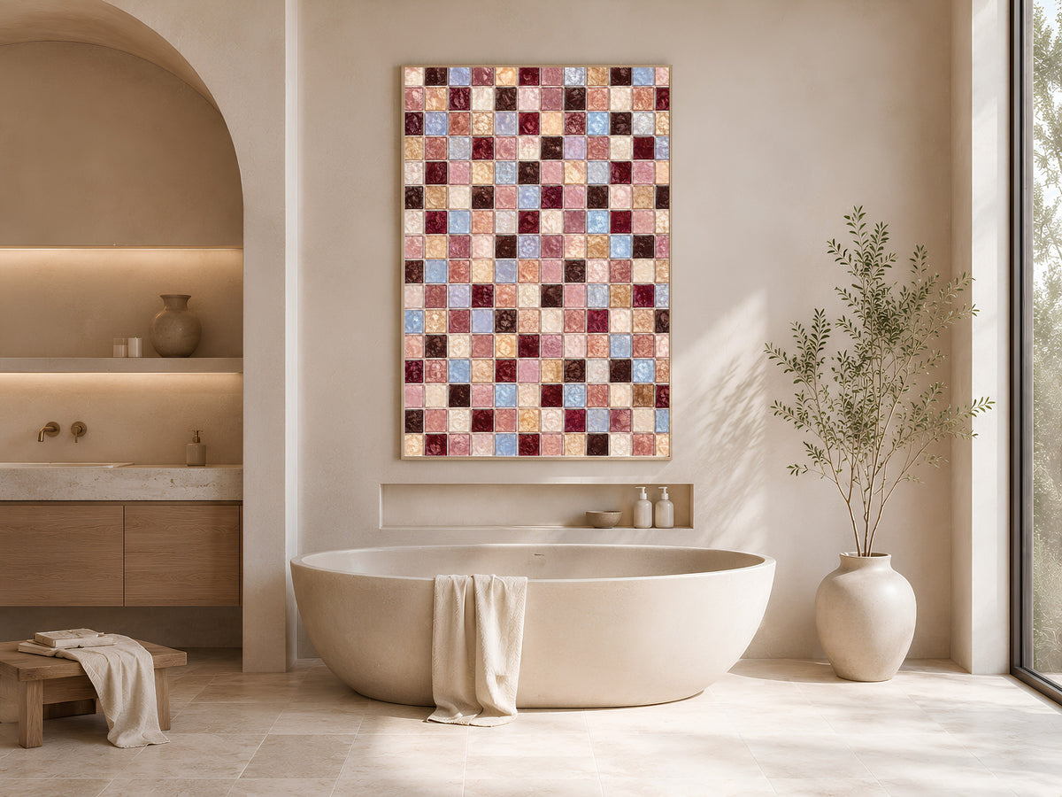 Burgundy mauve mosaic wall art framed above a freestanding bathtub in a warm neutral bathroom