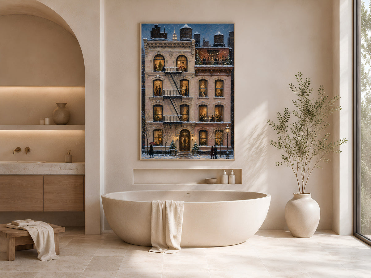 Holiday apartment cross section print framed above soaking tub in neutral bathroom