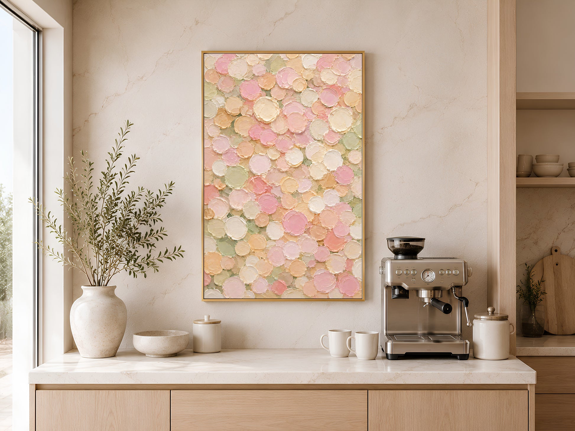 Textured circle wall art framed above a kitchen counter with espresso machine and ceramic vases.
