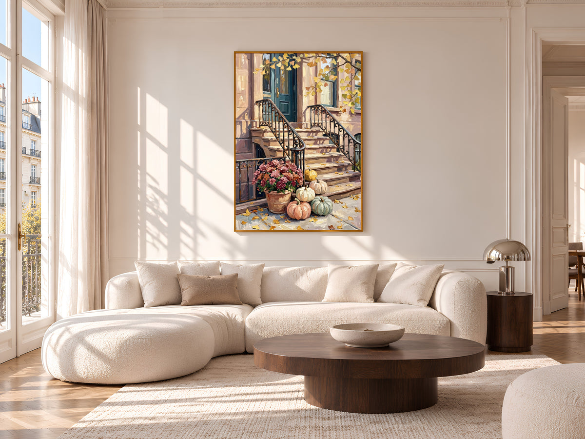 Fall Brownstone Stoop Painting Print, Autumn Pumpkins City Art, Pastel Fall Wall Decor, Printable Digital Download