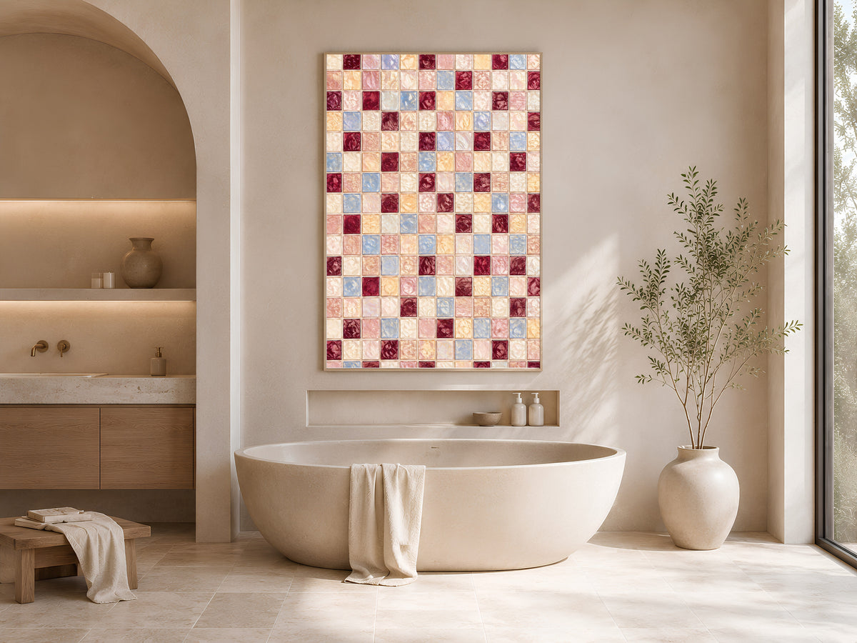 Pink blue mosaic wall art framed above a freestanding bathtub in a neutral spa-style bathroom