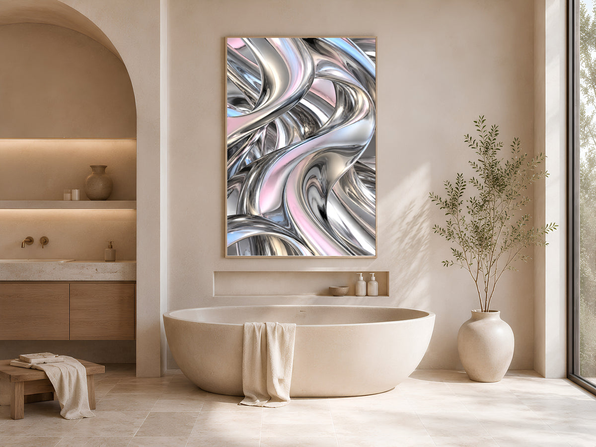 Chrome Liquid Metal Wall Art, Silver Iridescent 3D Abstract Print - Digital Download