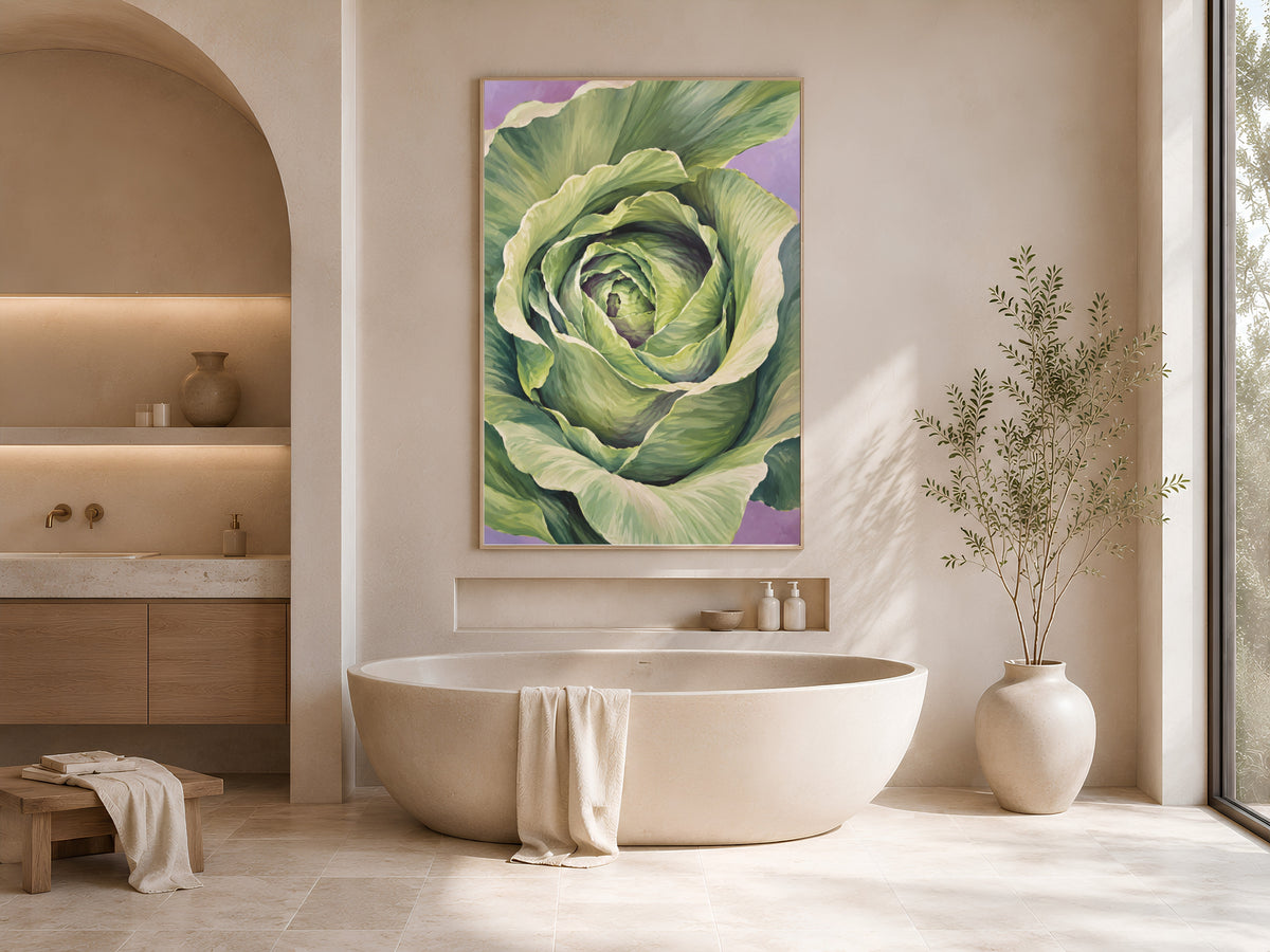 Cabbage wall art framed print above bathtub in neutral bathroom