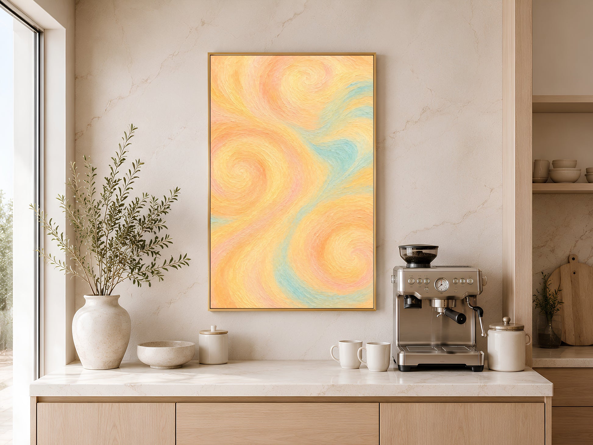 Pastel swirl abstract wall art print framed above a kitchen counter with an espresso machine, ceramic vase, and warm wood cabinetry.
