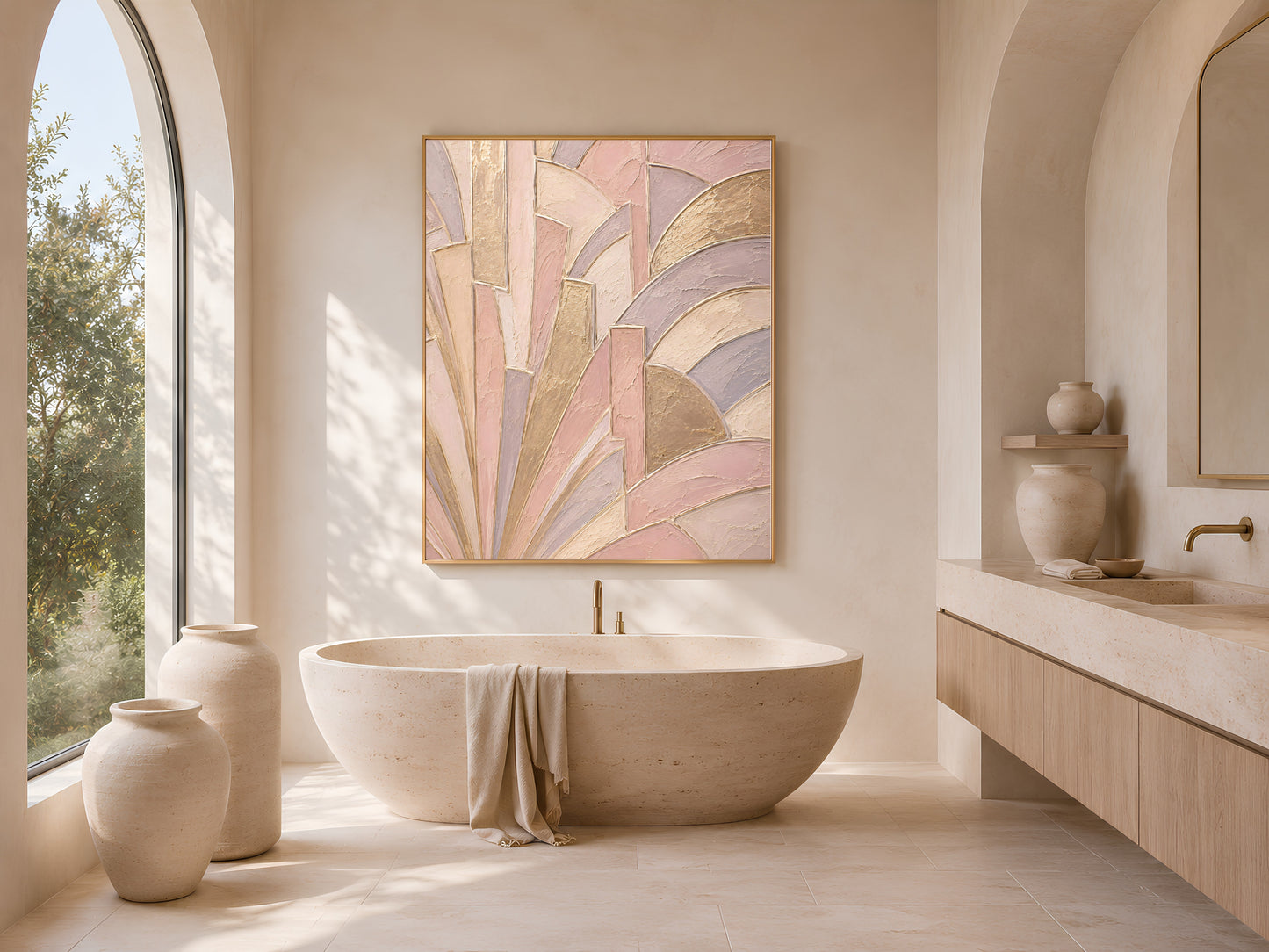 Art deco sunburst textured wall art framed above freestanding tub, blush pink gold bathroom decor
