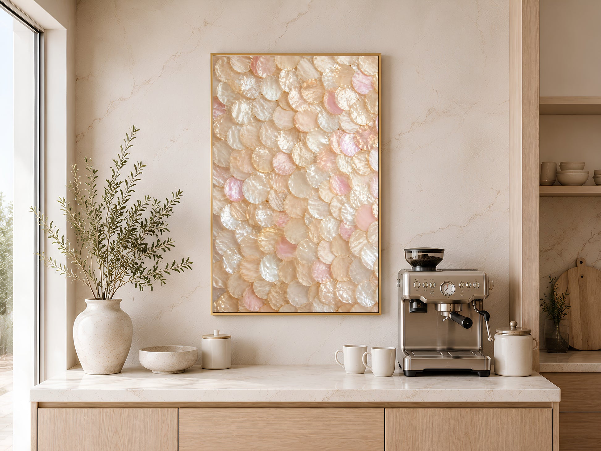 Blush pearl shell wall art printable displayed above a coffee station in a warm Mediterranean-inspired kitchen with soft neutral decor.