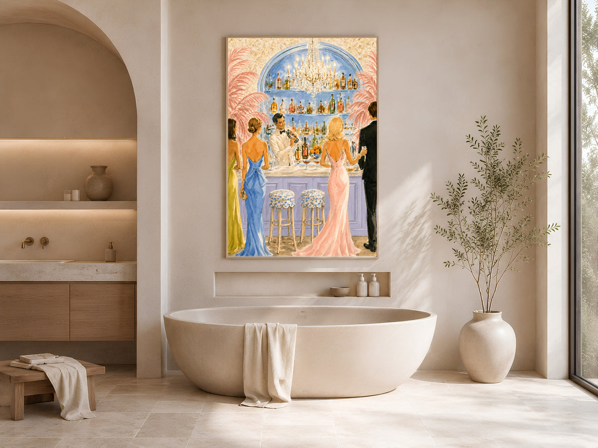 Riviera Cocktail Bar Wall Art, Preppy Pink Watercolor Print - Digital Download